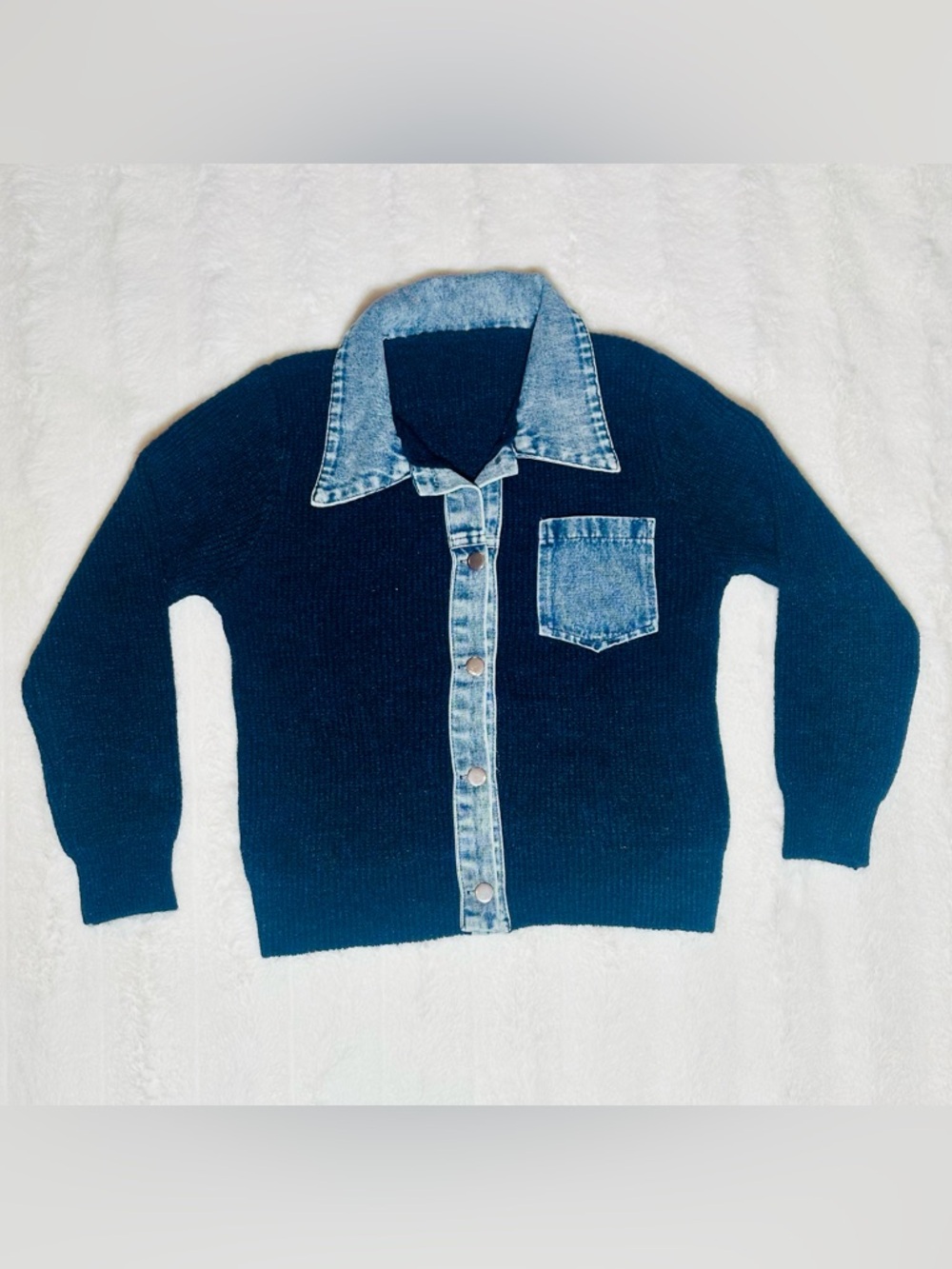 Navy Knit Cardigan with Denim Trim